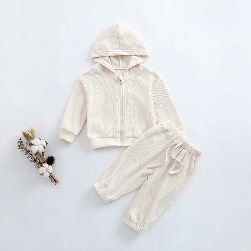 Baby Solid Color Waffle Knit Fabric Coat With Pants Sets-2